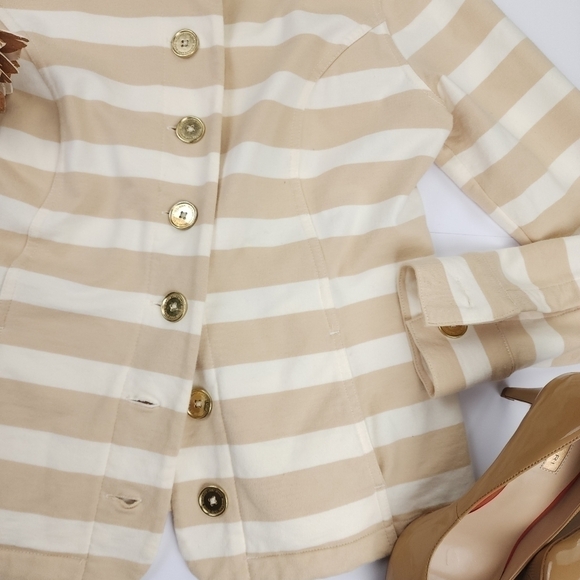 Isaac Mizrahi Cream Tan Stripe Cotton Sweater Blazer Sz S - Picture 14 of 14